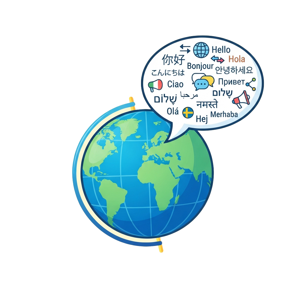 Globe with speech bubbles showing various international greetings like Hello, Hola, Bonjour, and more
