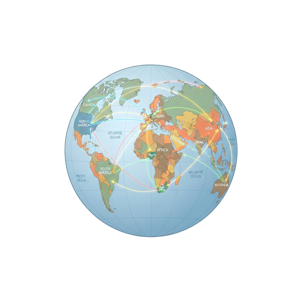 Illustrated globe displaying continents and major flight paths connecting different regions