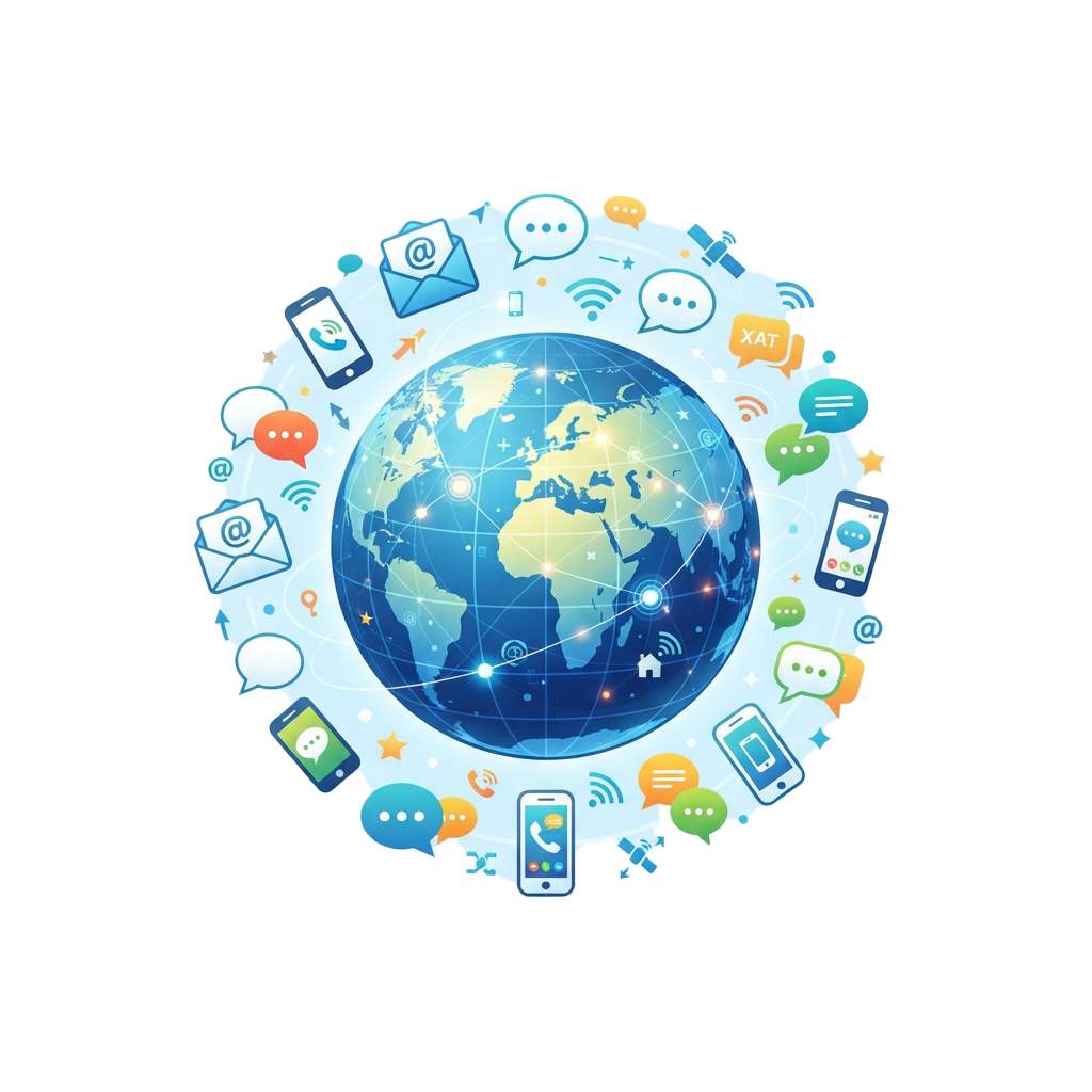 Illustration of a globe surrounded by icons representing communication methods like messaging, email, and social media.
