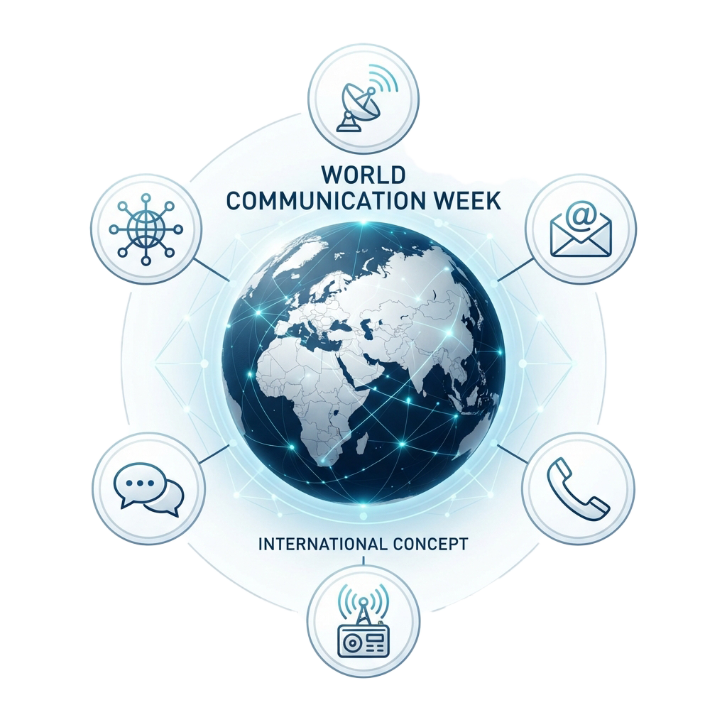 Graphic showing World Communication Week with icons for email, phone, satellite, chat, network, and globe at center