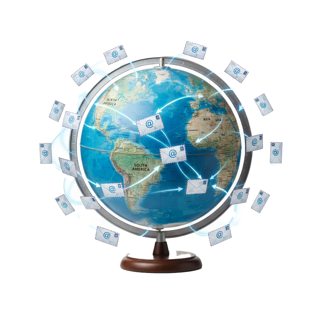 A globe with envelopes and email symbols orbiting around it, representing worldwide email communication.