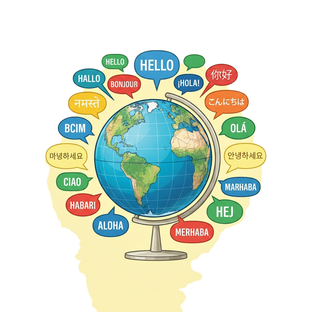 Illustration of a globe inside a head surrounded by speech bubbles with hello in multiple languages