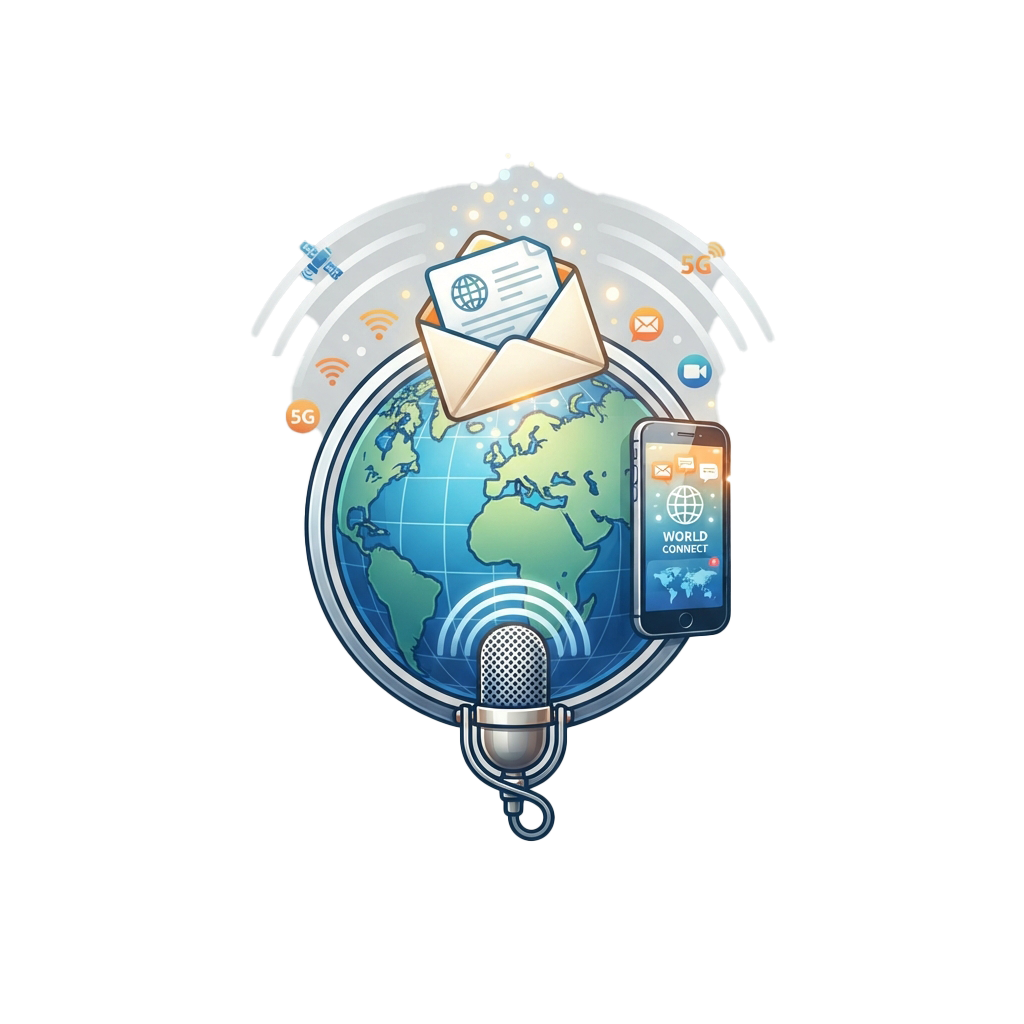 Illustration showing global connectivity with icons for email, messaging, calls, and a smartphone displaying world connection.