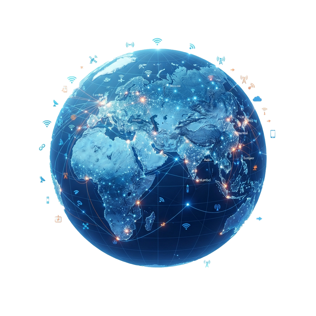 A glowing globe showing worldwide internet connections with network icons and light trails.