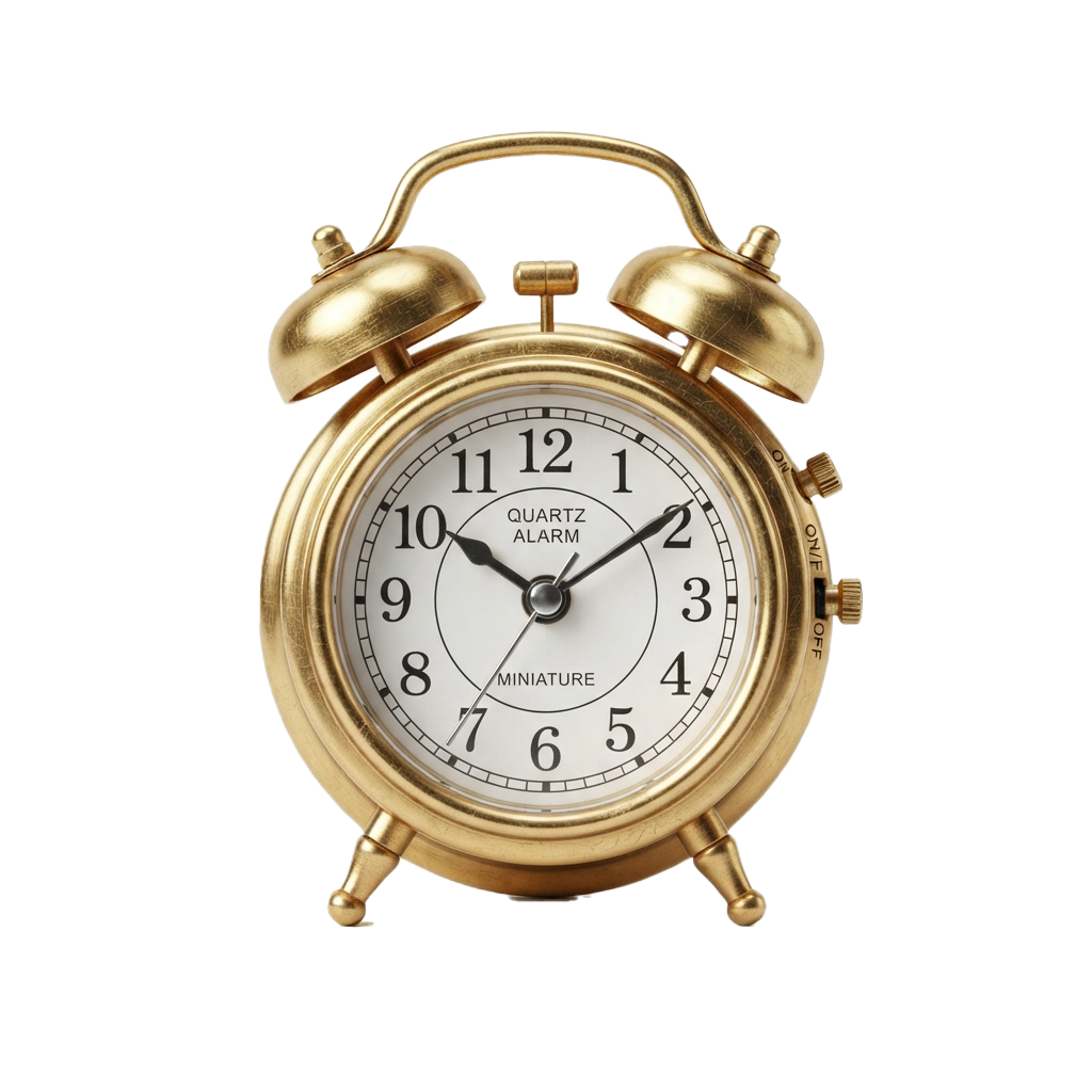A gold-colored miniature quartz alarm clock with two bells on top and a white face showing the time as 10:08.