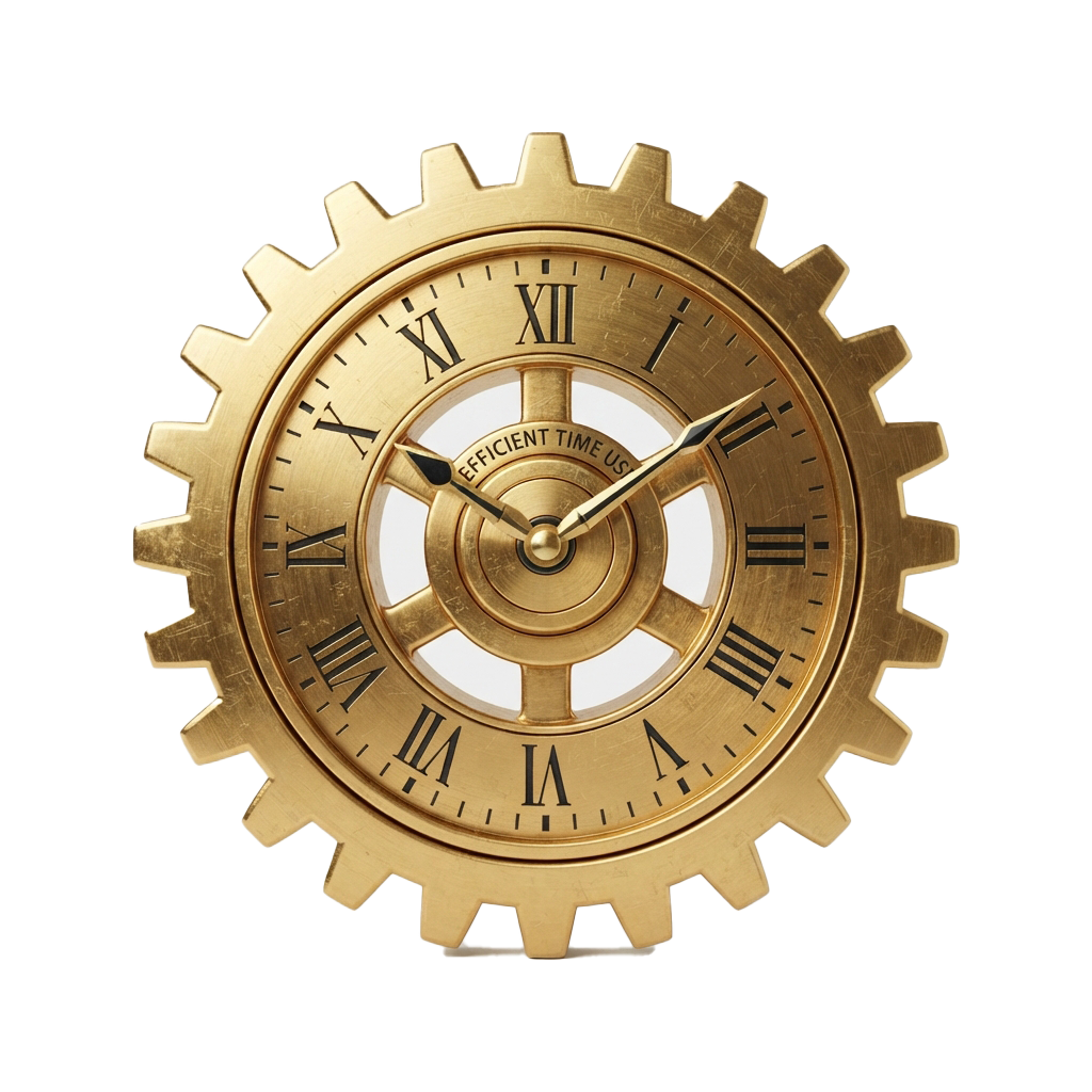 A brass-colored clock designed like a large gear with Roman numerals and the phrase Efficient Time Use