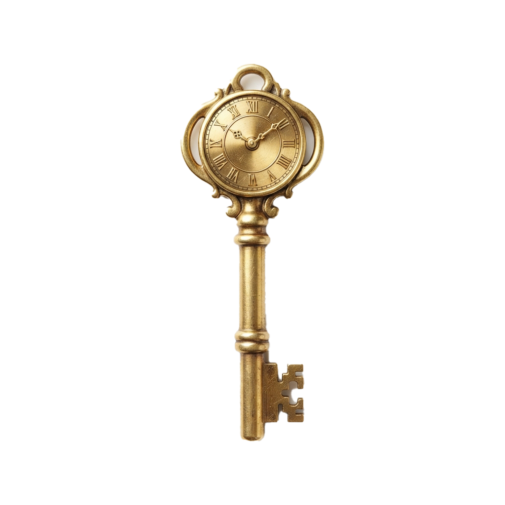 A decorative key with a gold pocket watch face at the top, intricate design, and ornate bow.