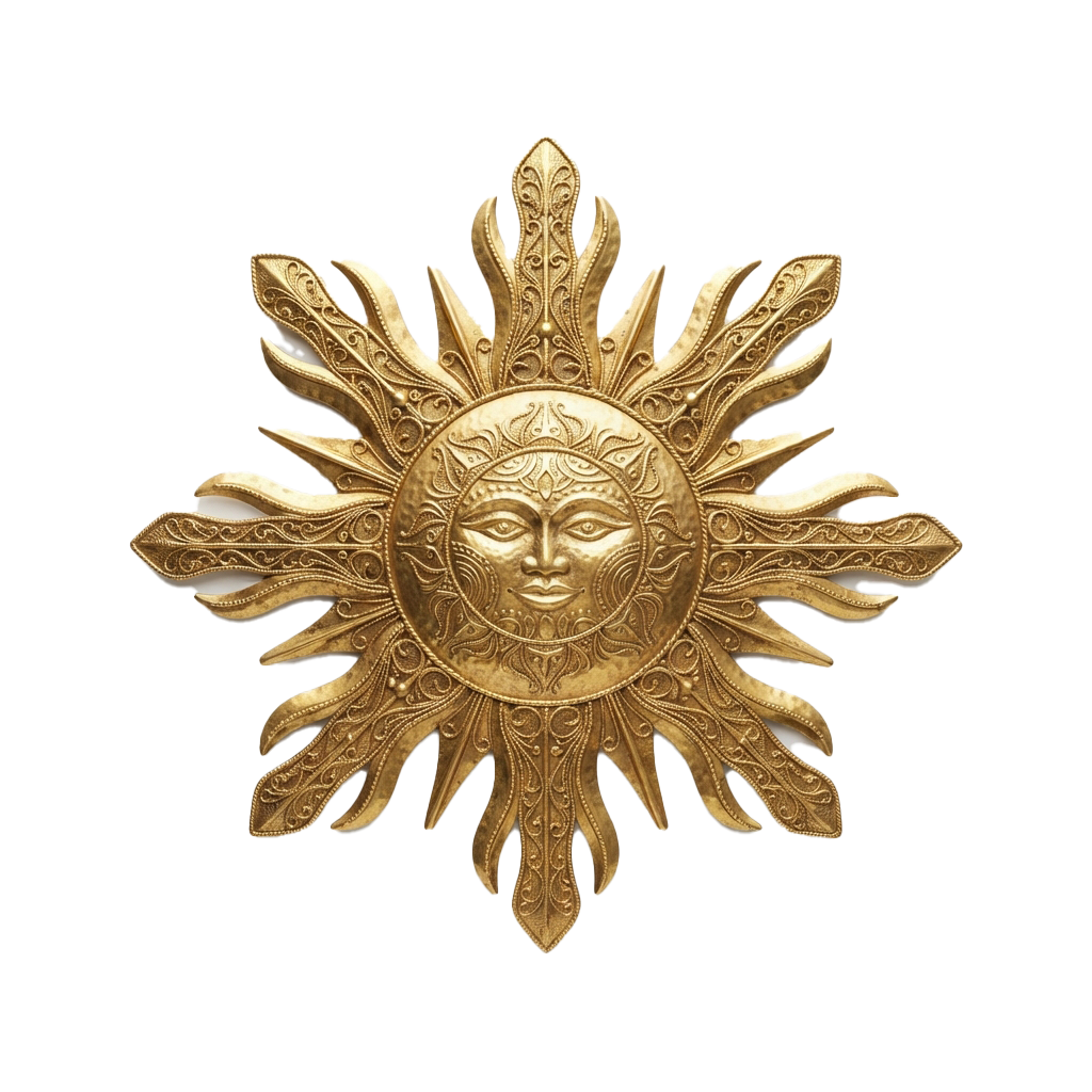 Decorative gold sun face with a human face in the center and radiating sunrays with intricate patterns