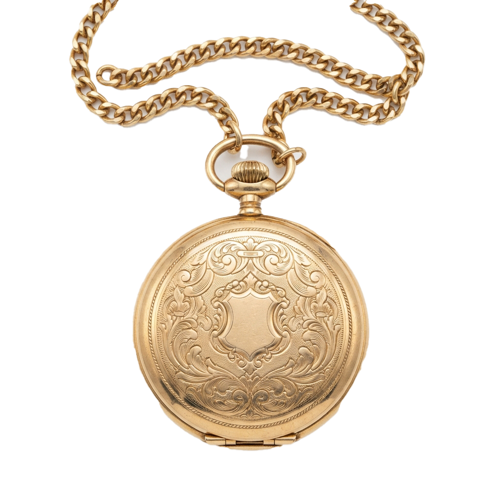 A vintage gold-toned pocket watch with ornate engraving and a matching chain on a black background