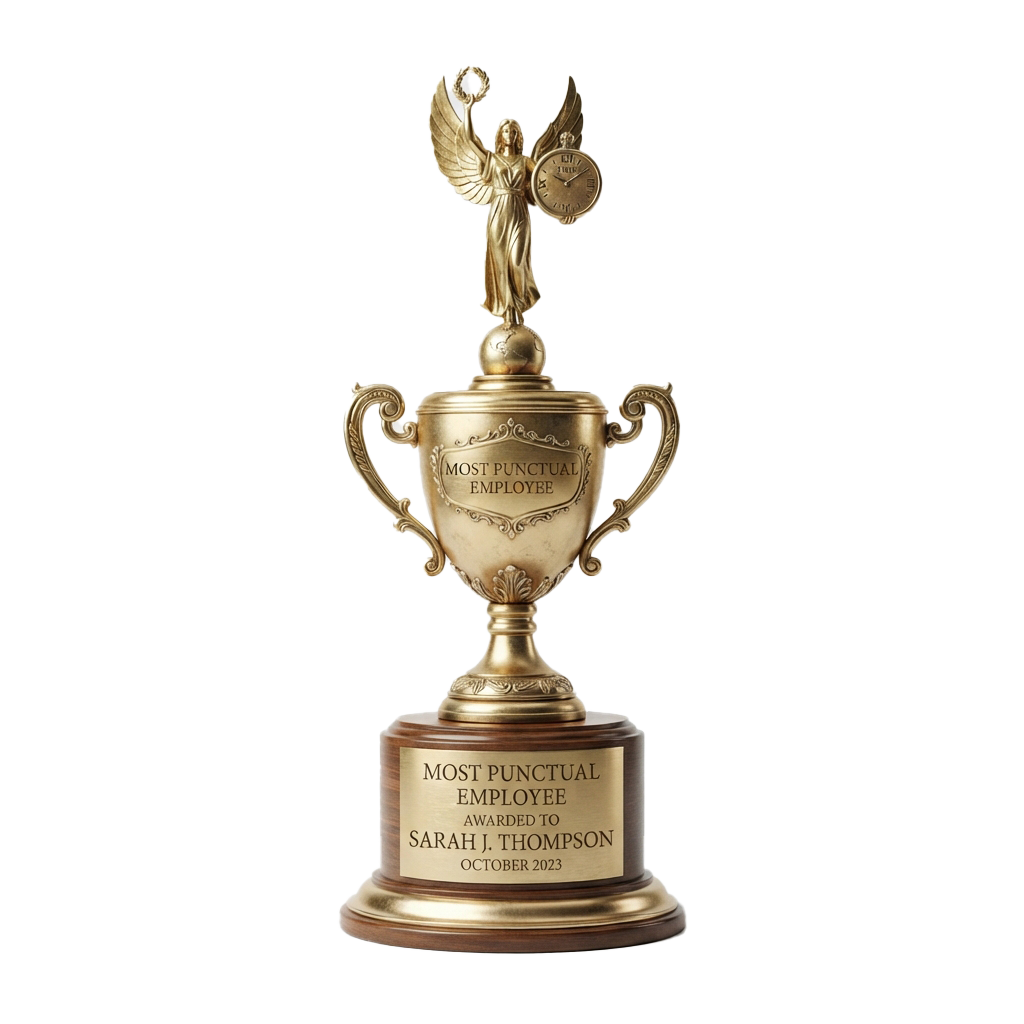 Golden trophy with winged figure on top awarded to most punctual employee, engraved base reads Most Punctual Employee October 2023