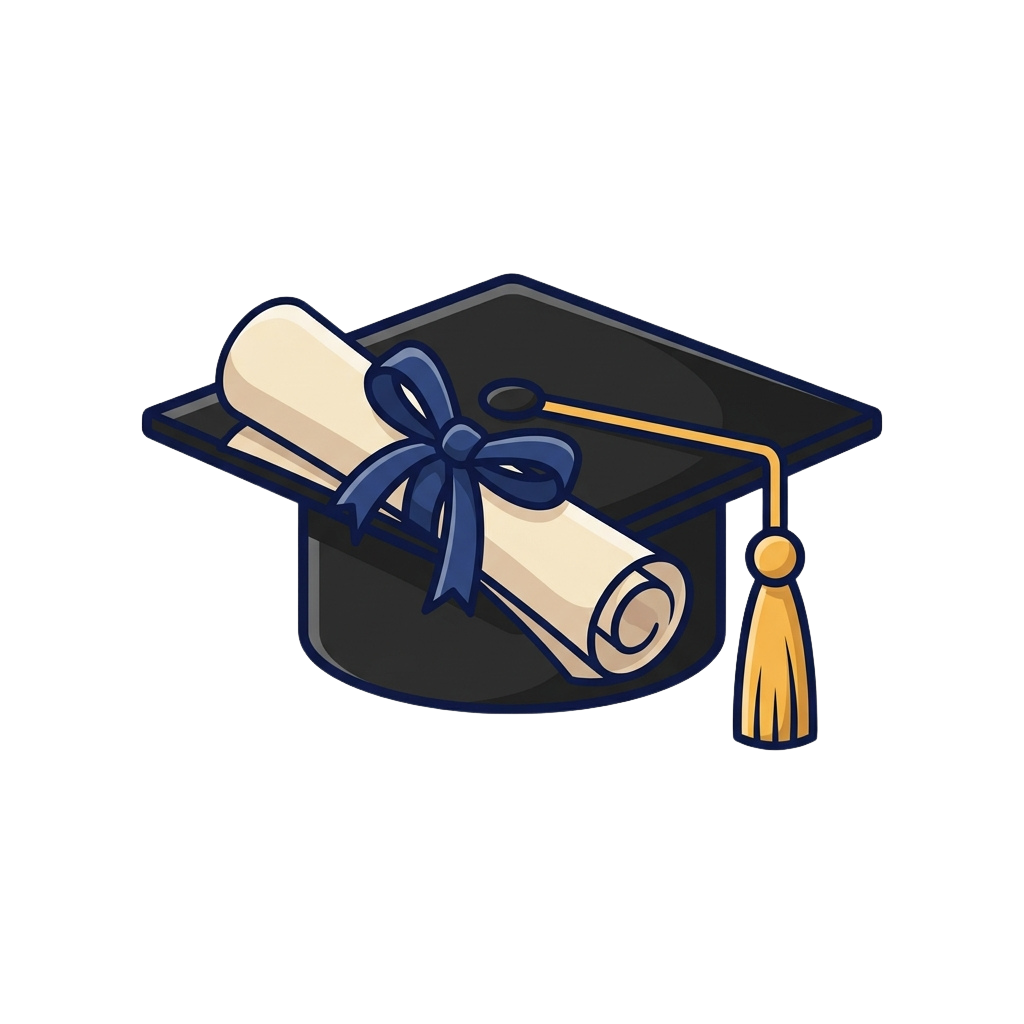 Illustration of a graduation cap with a rolled diploma and blue ribbon tied in a bow.