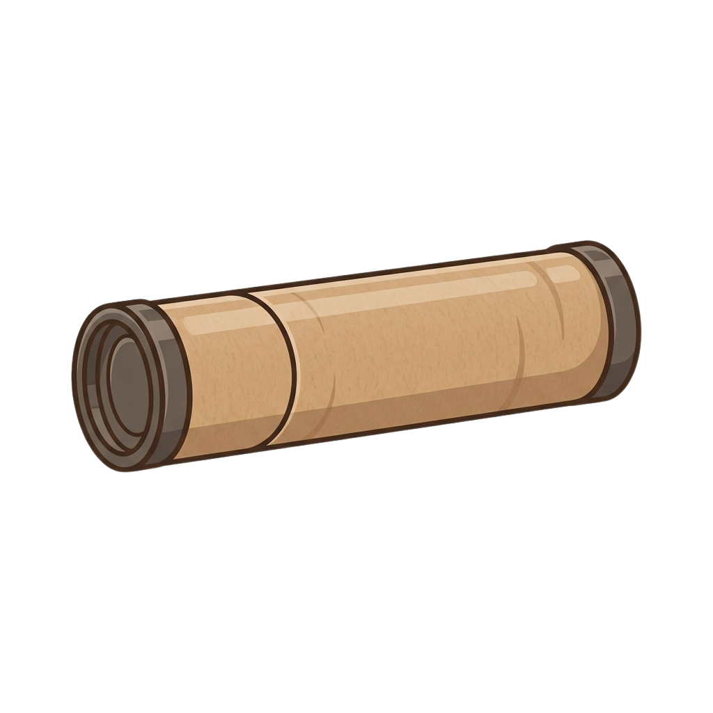A cylindrical metal container with dark-colored end caps and a light brown body.