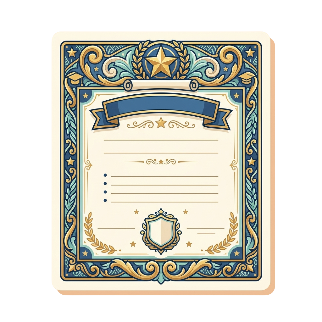 Decorative certificate with ornate border, stars, and a crest emblem in blue and gold tones