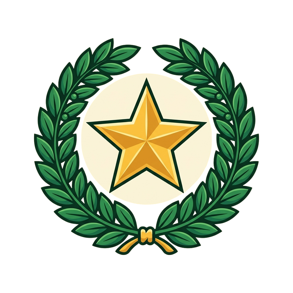 A golden five-pointed star inside a white circle surrounded by green laurel leaves