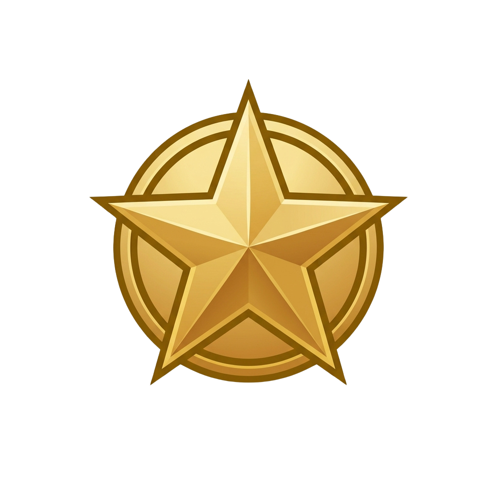 A shiny, three-dimensional gold star badge with a circular border and inner ring