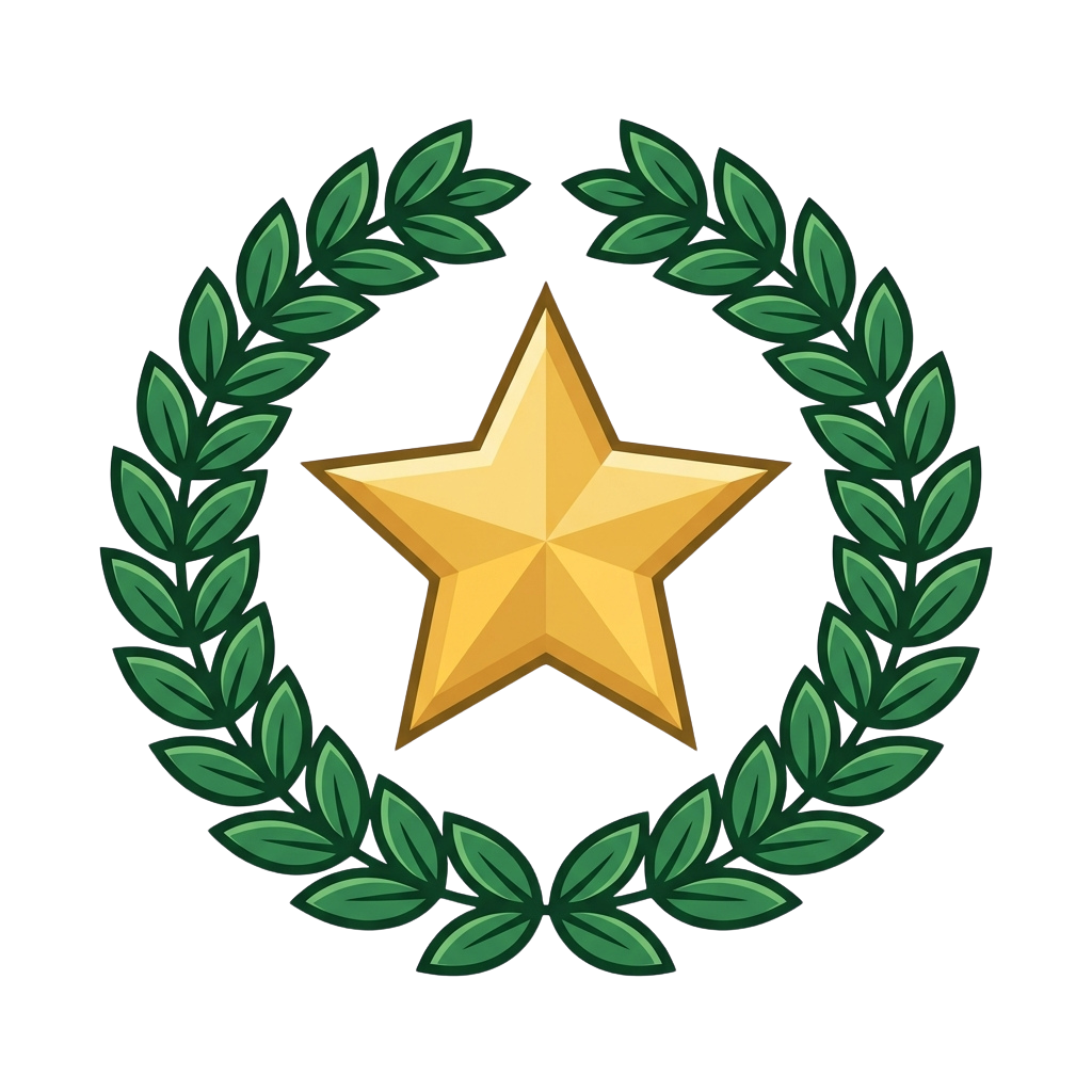 A shiny gold five-pointed star centered inside a circular laurel wreath made of green leaves