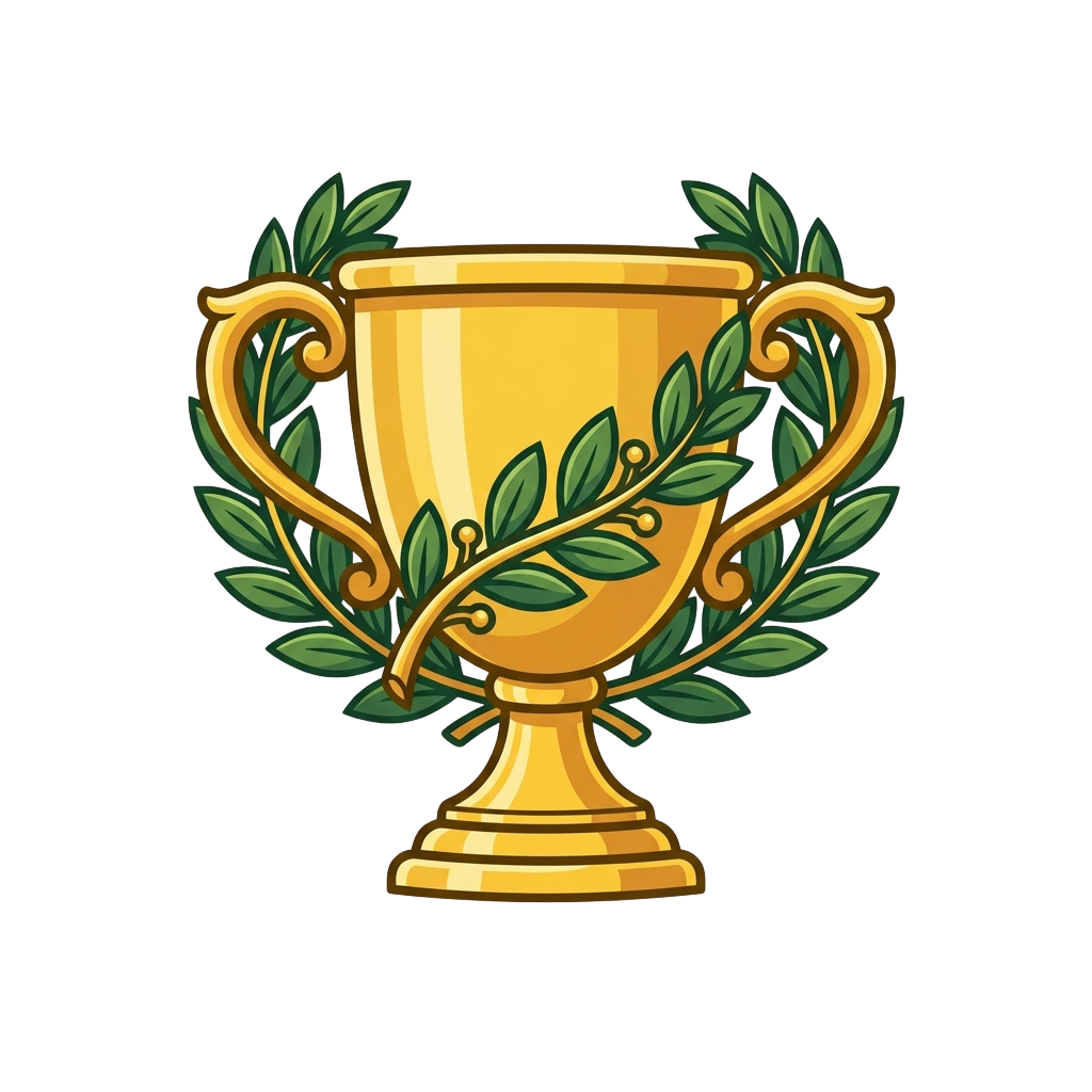 Illustration of a golden trophy adorned with green laurel leaves and swirling handles