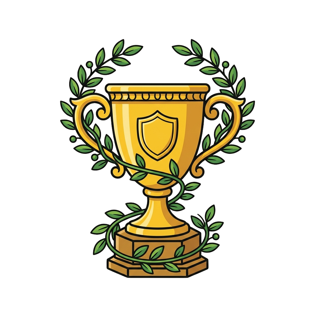 Illustration of a golden trophy adorned with green laurel leaves and a shield emblem on a dark background
