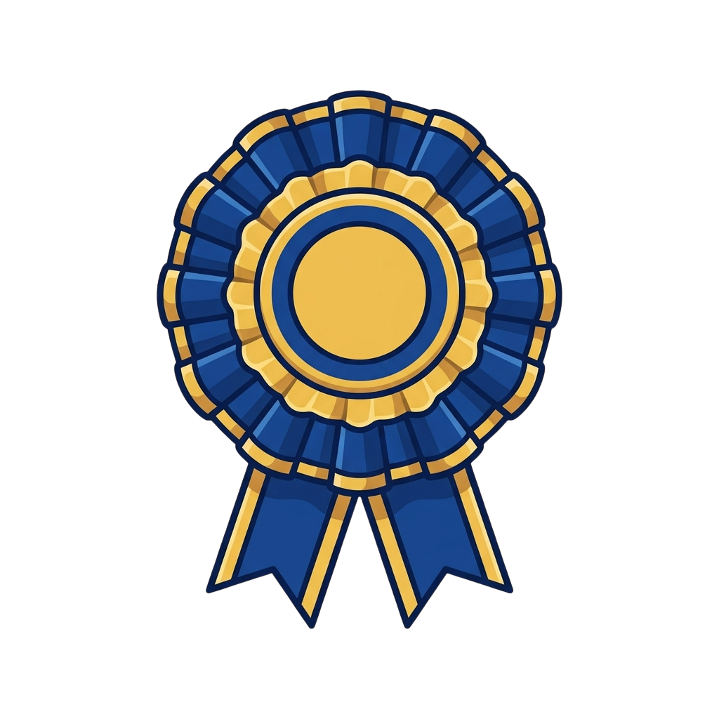 Award ribbon with blue and gold colors featuring a circular medal design