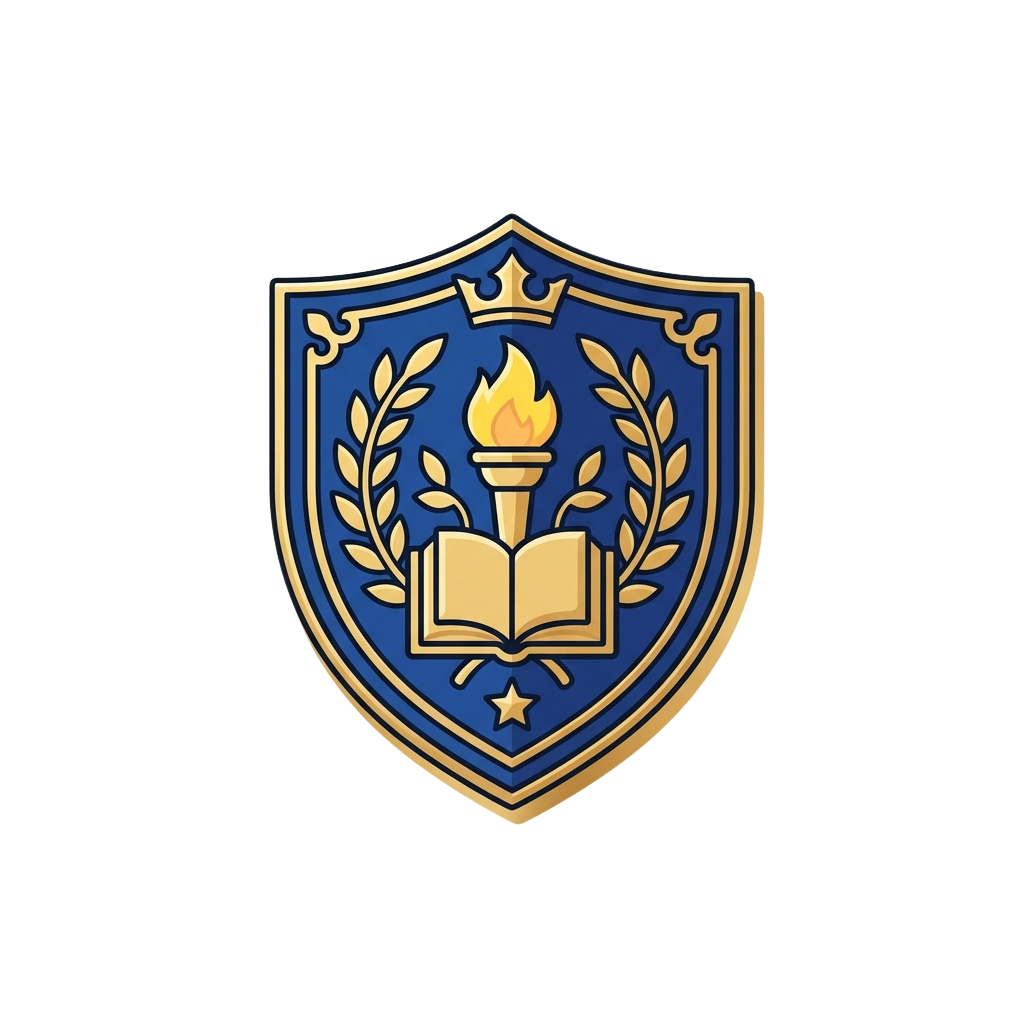 Shield emblem featuring an open book, torch with flame, laurel wreath, and crown symbolizing academic excellence and knowledge