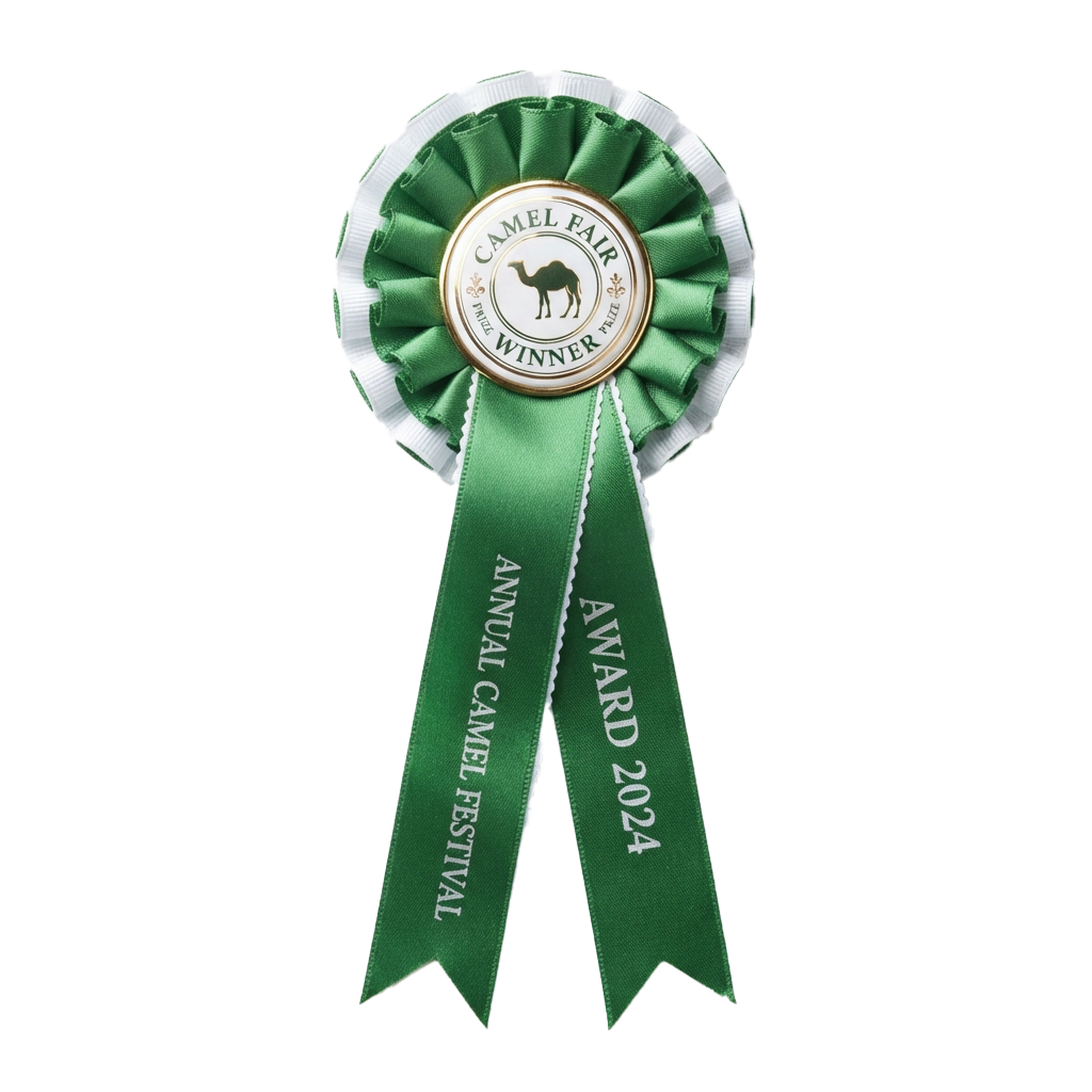Green and white winner ribbon with camel logo and text Annual Camel Festival Award 2024