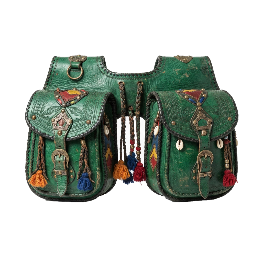 Two green leather saddle bags with decorative tassels, metal buckles, and colorful embroidered patches.