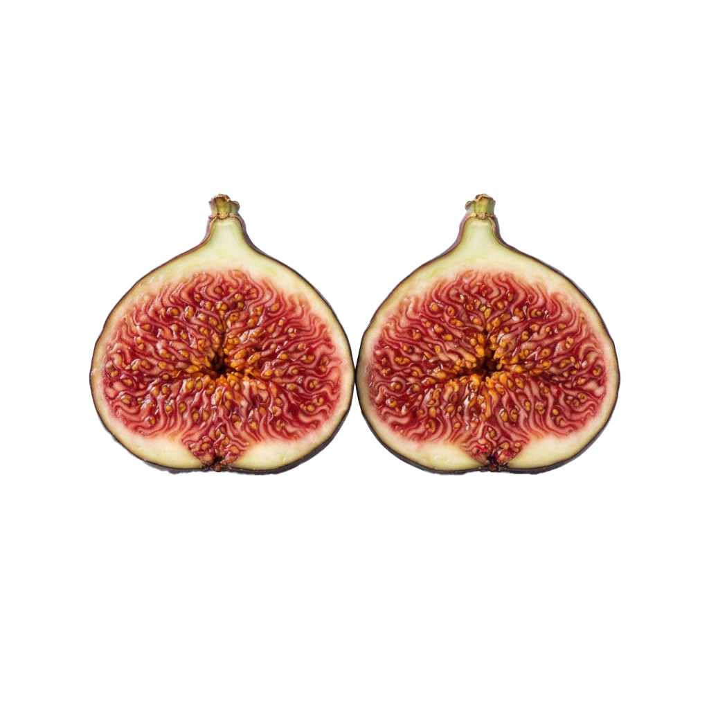 Two halves of a ripe fig with detailed pinkish-red interior and creamy center exposed.