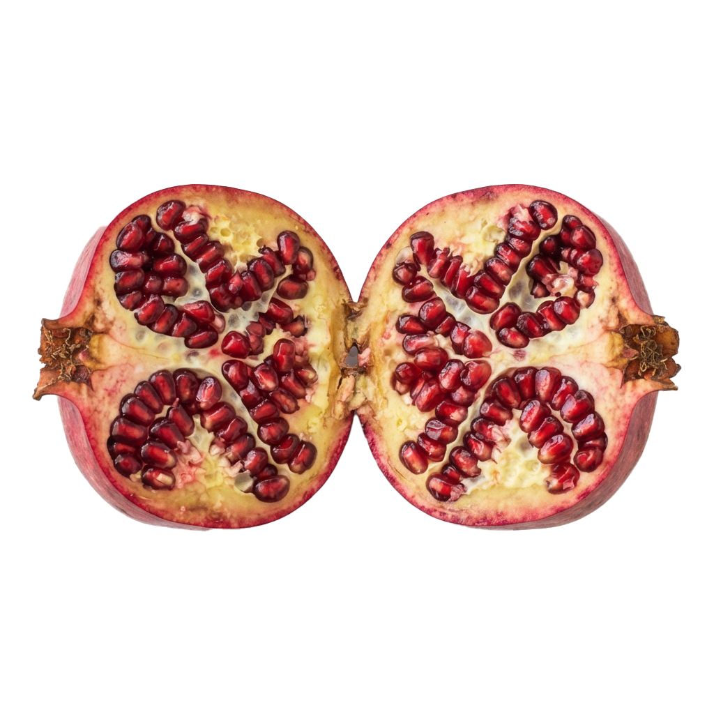 Cross-section of a pomegranate showing red seeds and juicy arils inside.