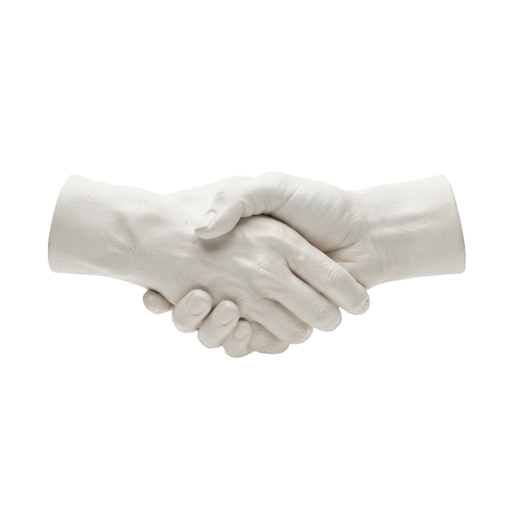 Two white hands shaking in a firm handshake against a black background