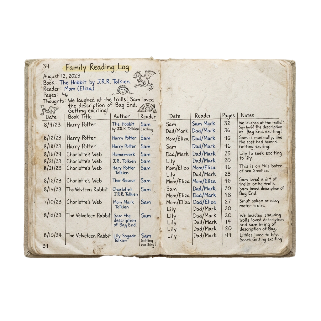 Handwritten family reading log showing books read, dates, readers, and notes on pages 34.