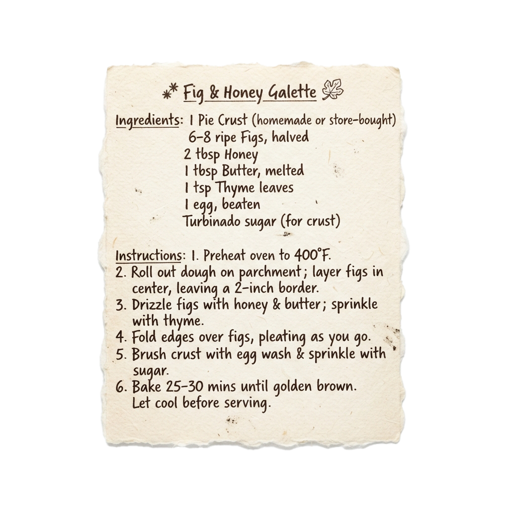 Recipe card for a fig and honey galette with ingredients and instructions written in an aged, handwritten style
