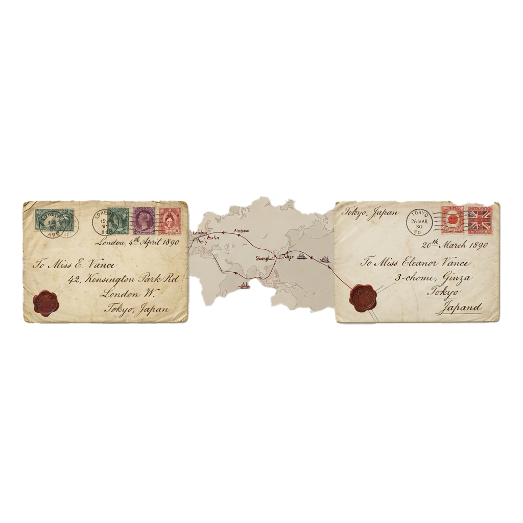 Two old postcards from Japan to London dated 1890 with a hand-drawn route map between them
