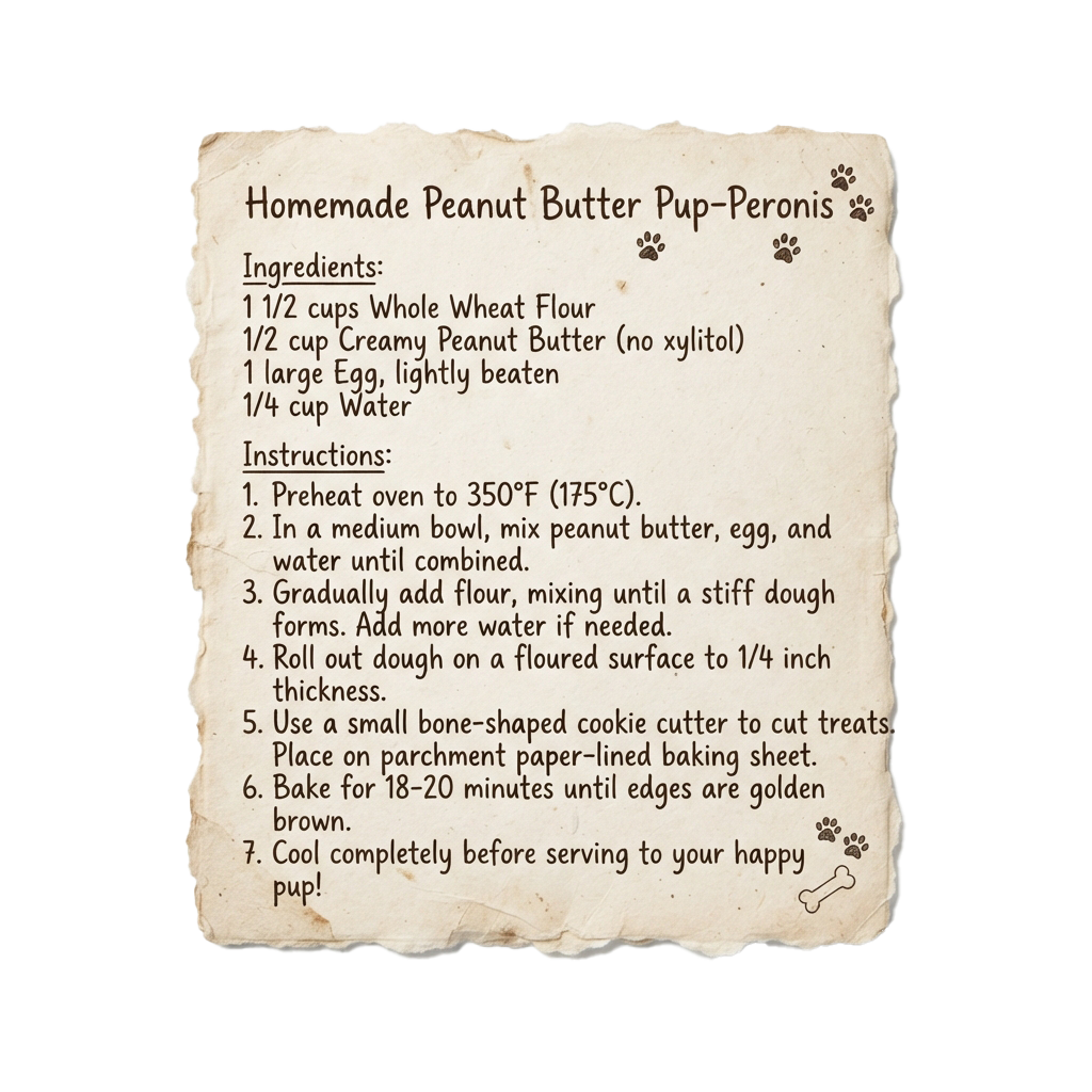 Recipe card for making peanut butter dog treats with ingredients and instructions