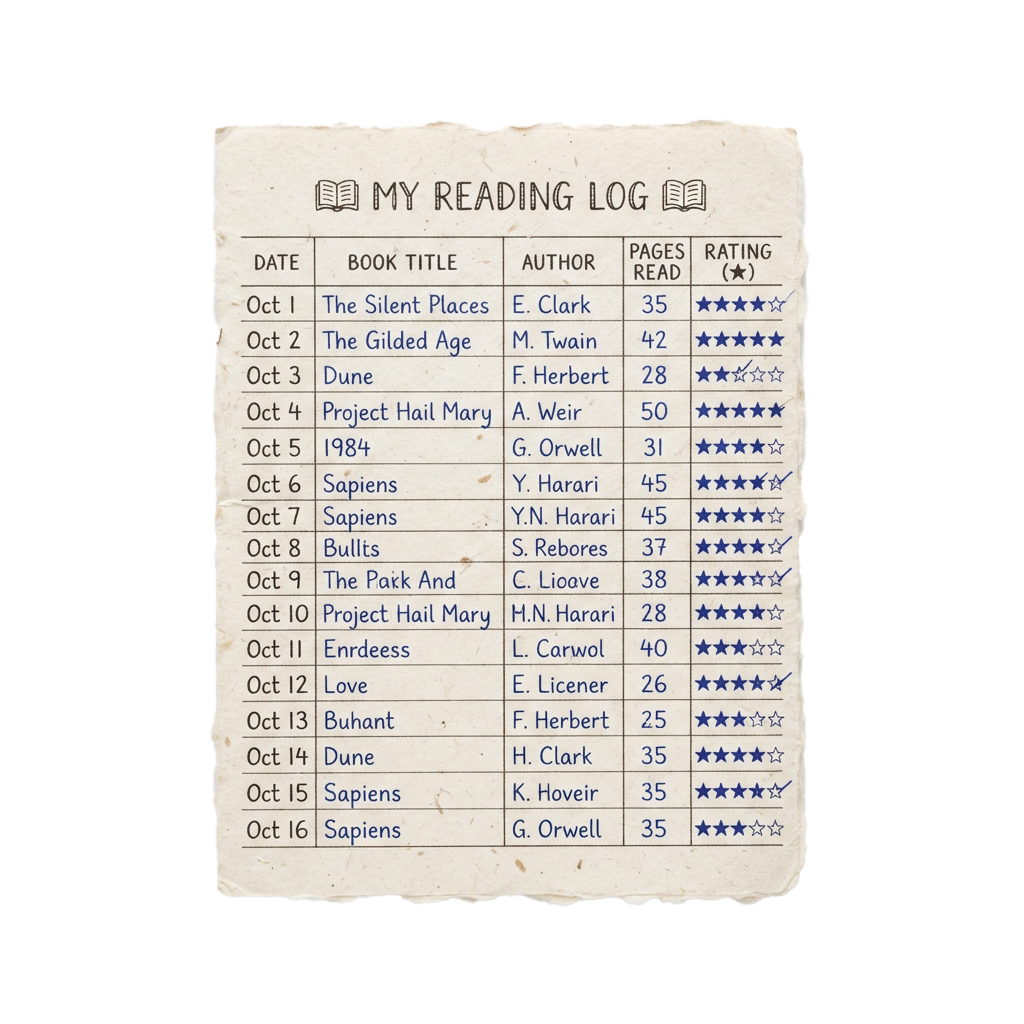 A handwritten-style reading log listing books read in October with dates, titles, authors, pages read, and star ratings