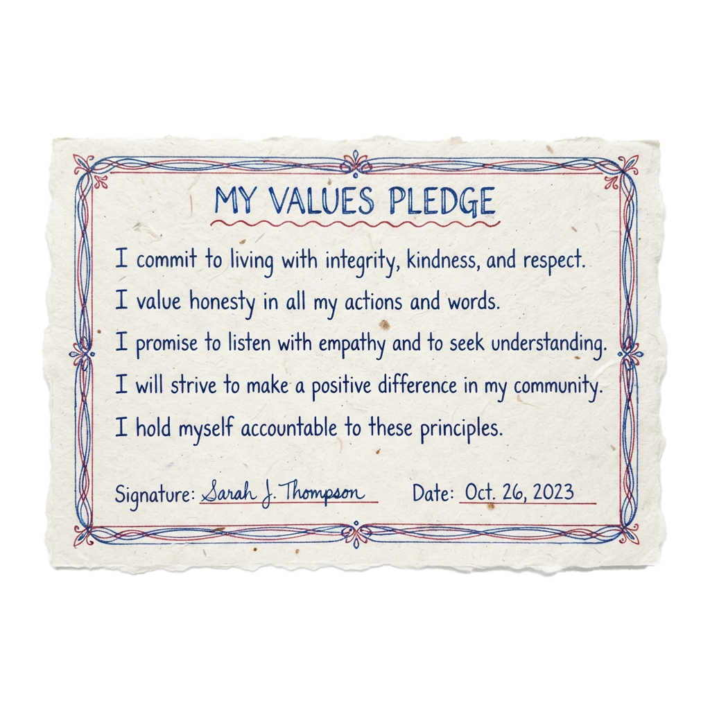 Vintage-style pledge card listing values like integrity, kindness, honesty, empathy, and community impact with a signature and date