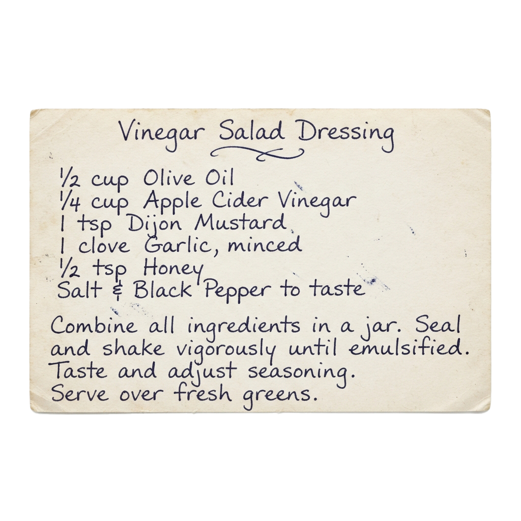 Handwritten recipe card for vinegar salad dressing with ingredients listed