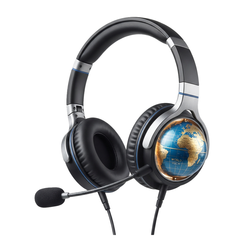 Black gaming headset with microphone and a globe design on one ear cup