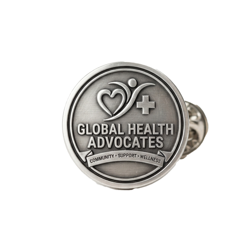 Round metal pin featuring a heart, medical cross, and text reading Global Health Advocates with Community Support Wellness