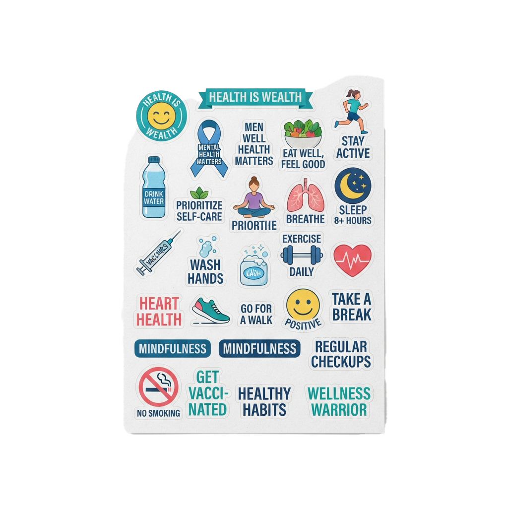 Infographic showing various health tips including hydration, exercise, mental health, and wellness habits