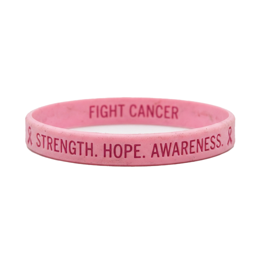 Pink wristband with text Fight Cancer and symbols for strength, hope, and awareness