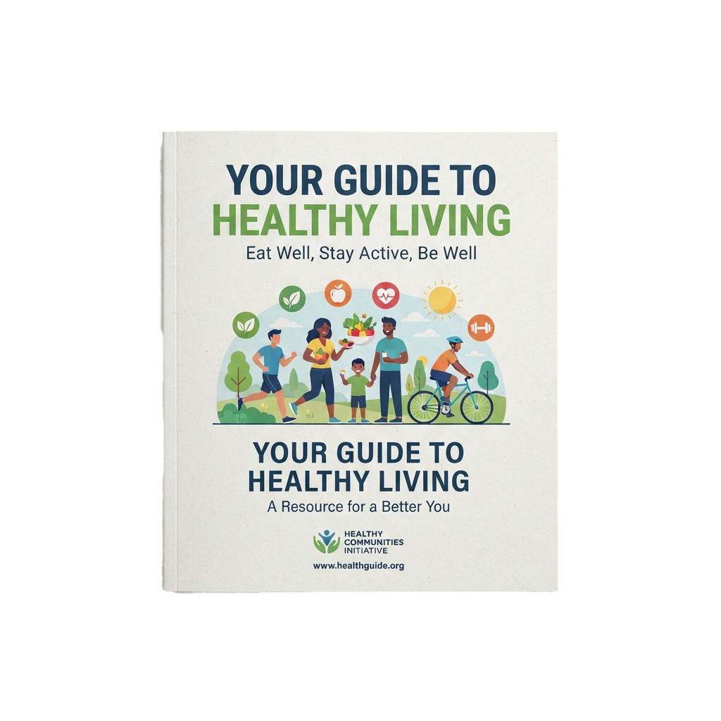 Cover of a healthy living guide showing diverse people eating healthy food and exercising outdoors