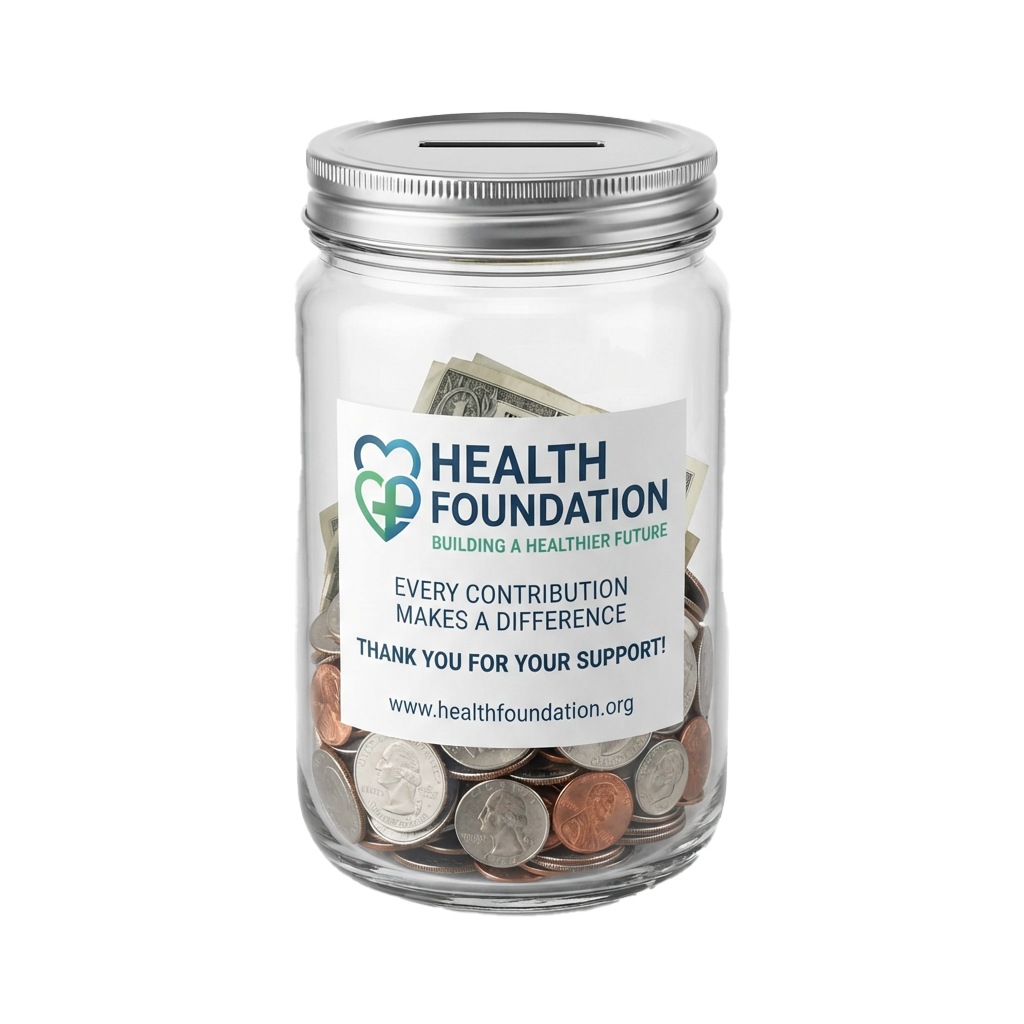 Clear donation jar filled with coins and bills labeled Health Foundation with a thank you message
