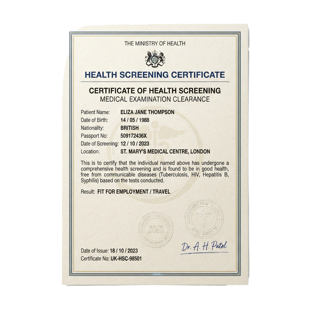 Official health screening certificate showing medical clearance for employment or travel