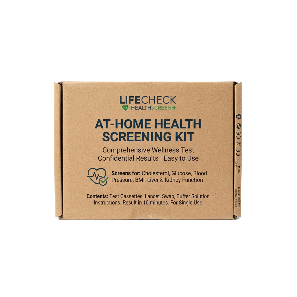 Box labeled at-home health screening kit showing wellness test contents and features