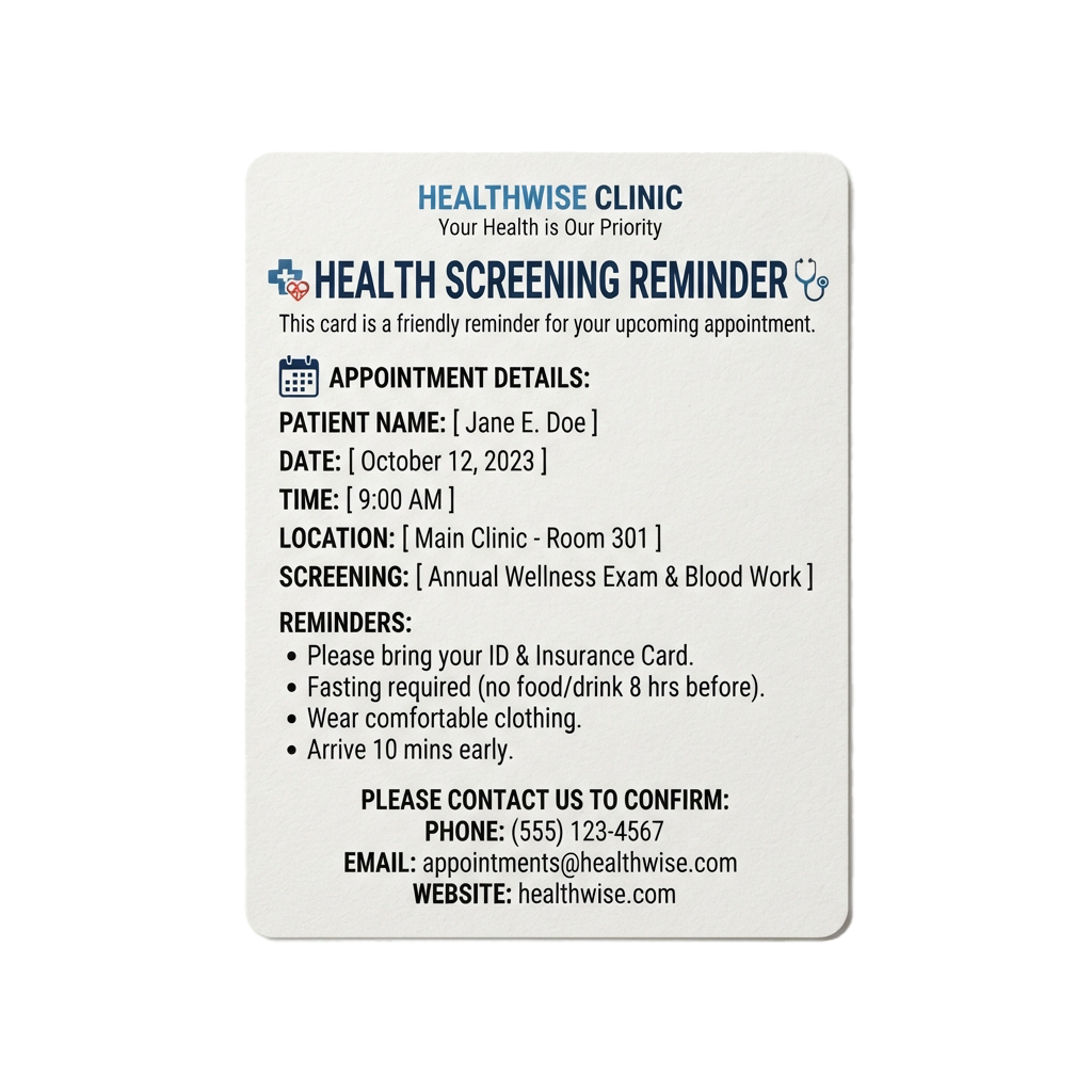 Health screening reminder card showing appointment details for Jane Doe on October 12, 2023 at 9 AM