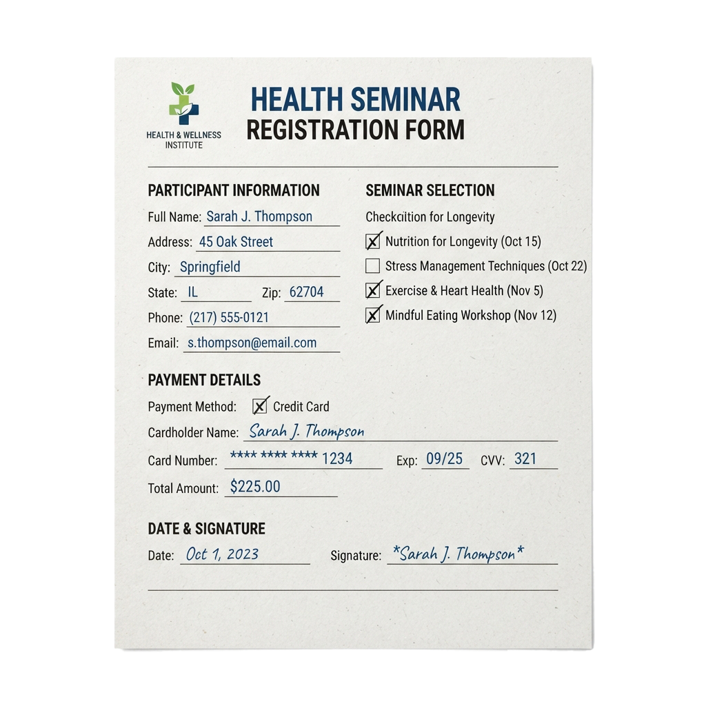 A filled-out health seminar registration form showing participant info, seminar selections, payment details, and signature.