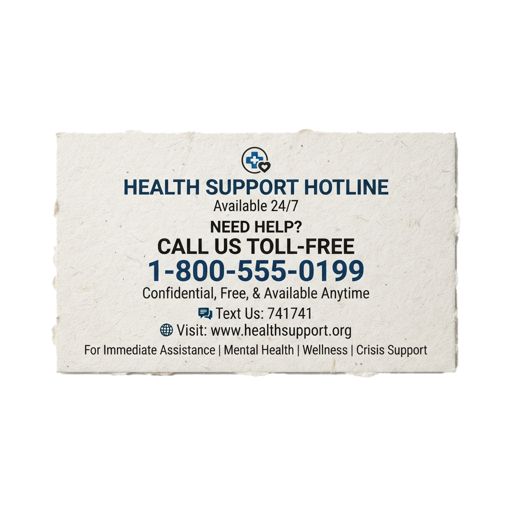 A card displaying a health support hotline number, text line, and website for confidential assistance 24/7