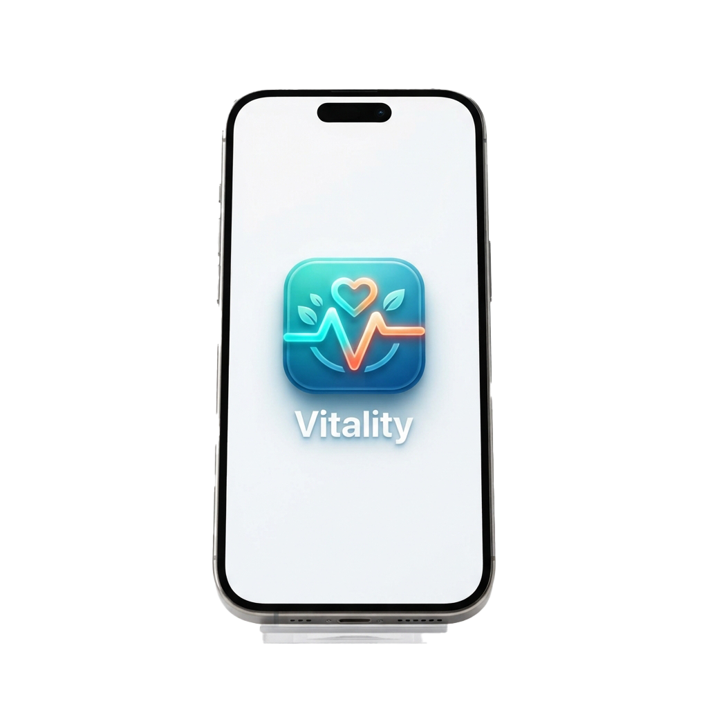 Smartphone screen showing a health app icon with a heart and leaf graphic labeled Vitality