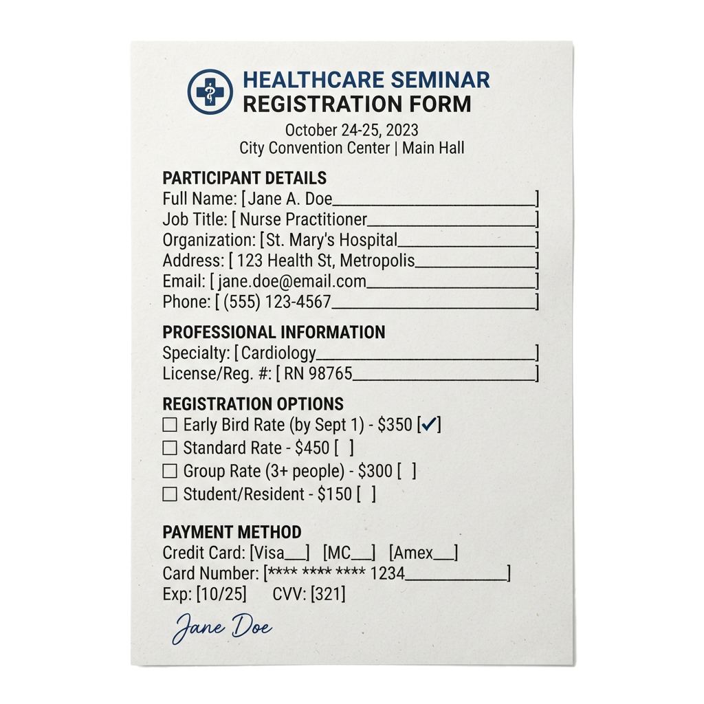 A filled-out healthcare seminar registration form with participant details and payment information