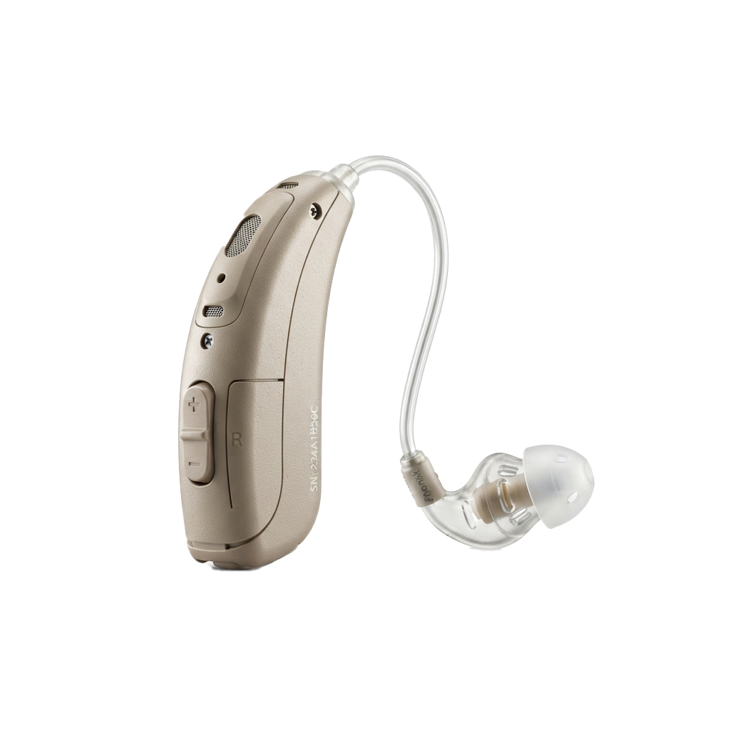 A beige behind-the-ear hearing aid with a clear tube and white ear tip.
